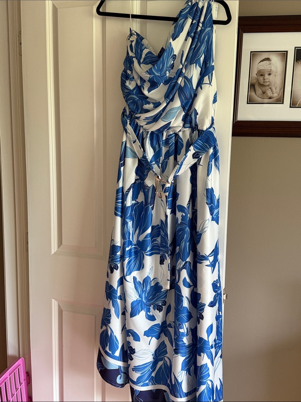 Petal & Pup White Dress with Blue Floral One-Shoulder